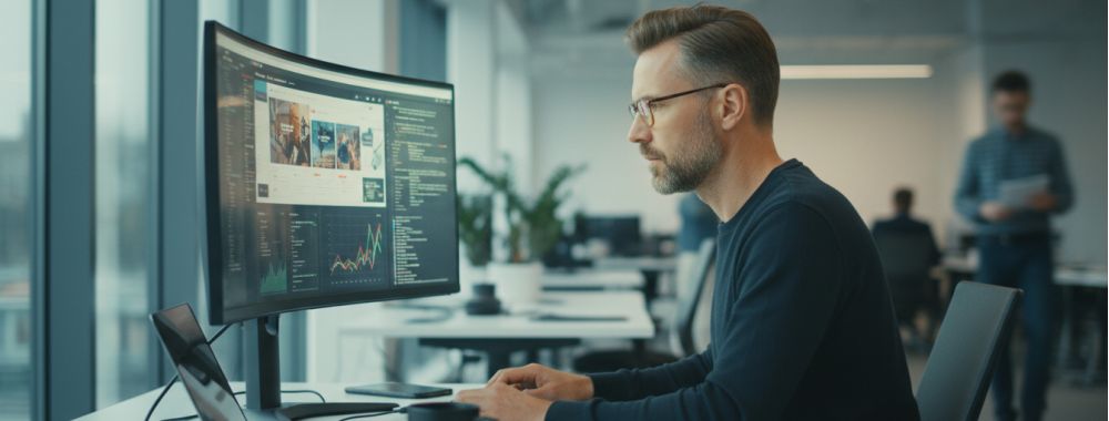 Mann vor Monitor macht Website Check von 77NEUN